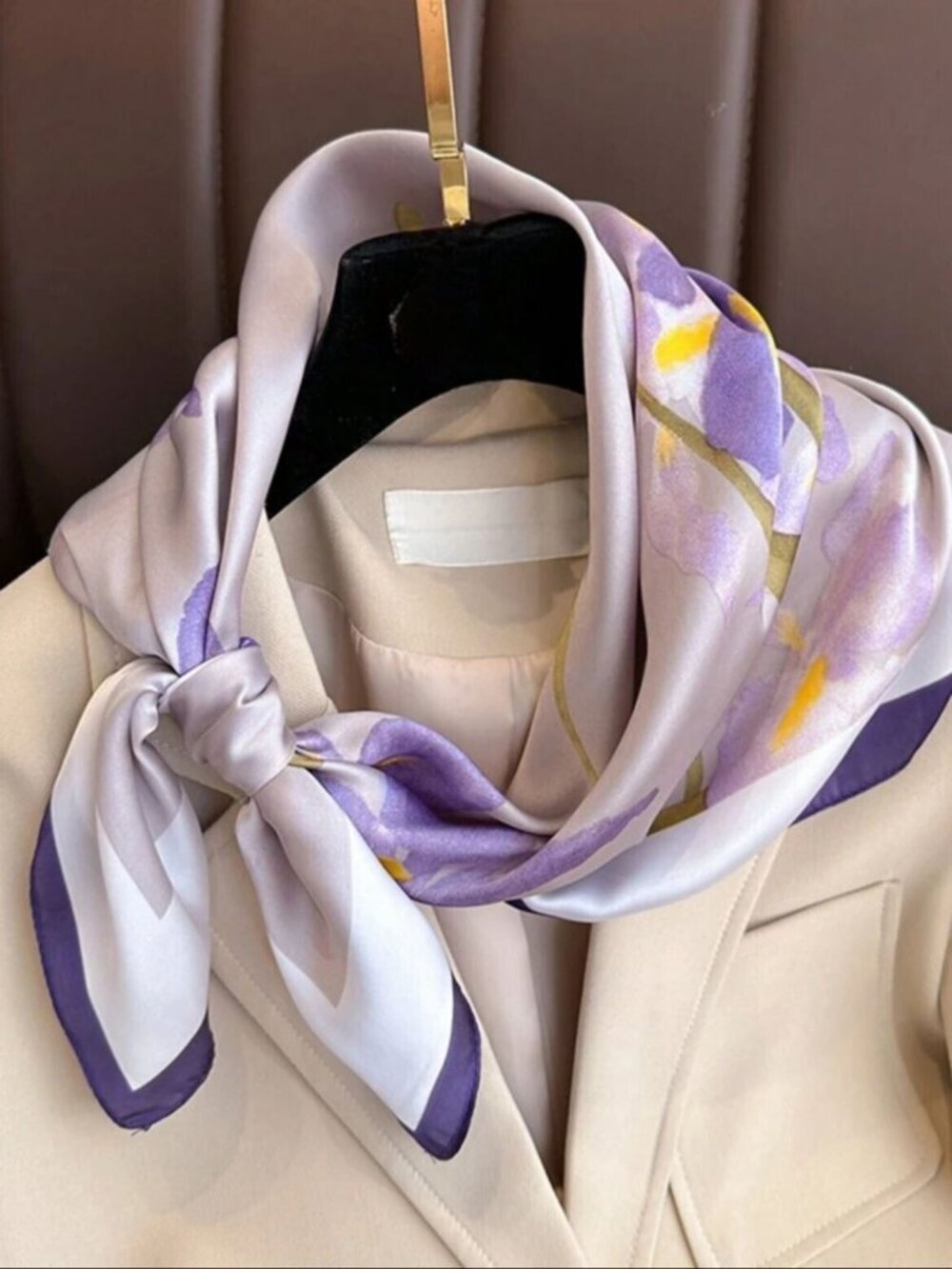 ✨Silky Satin Square Scarf Luxury Accessory Floral Iris Purple Bandana Head Neck✨ - Picture 3 of 6